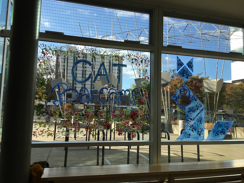 barcamp 2018 finished window painting sign